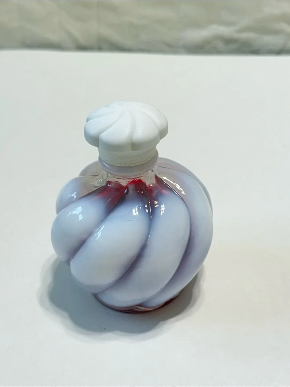 Vintage Wrisley White Cloud Carnation Fenton Opalescent Swirl Bottle Flower Cap